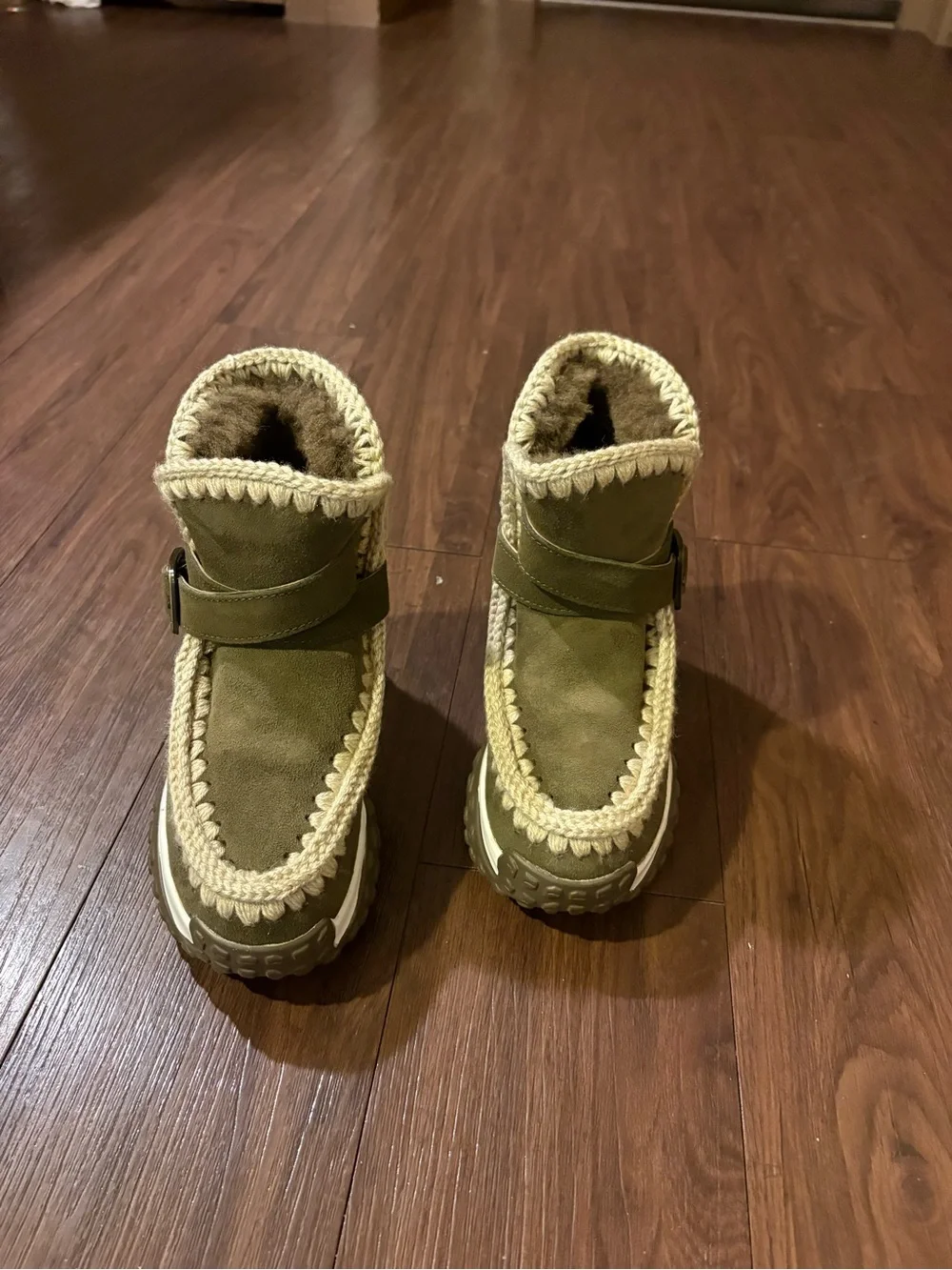 Kids Olive Green Faux-Shearling Winter Boots